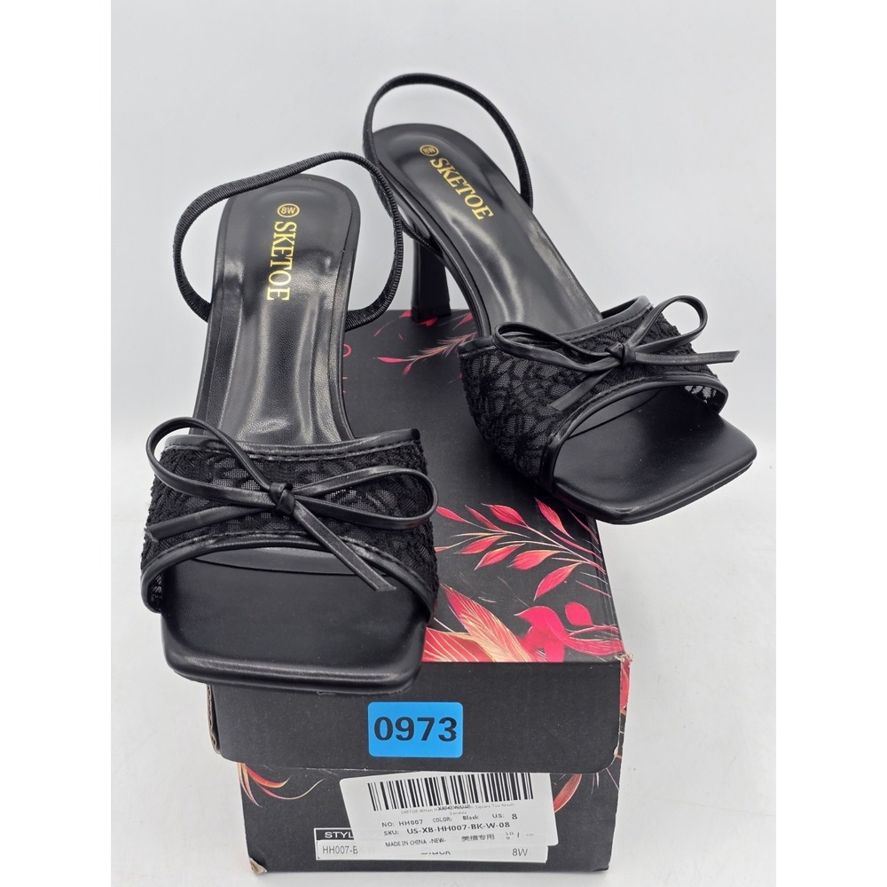SKETOE Kitten Heels Women Square Toe Mesh Sandals Bow Knots Open Toe Sz 8W Wide
